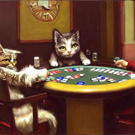 Prompt: man with fur and cat ears, playing poker, by donato giancola