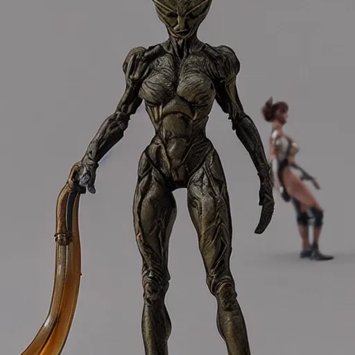 Prompt: 80mm resin detailed miniature of a Alien stand next to a Female warrior, Product Introduction Photos