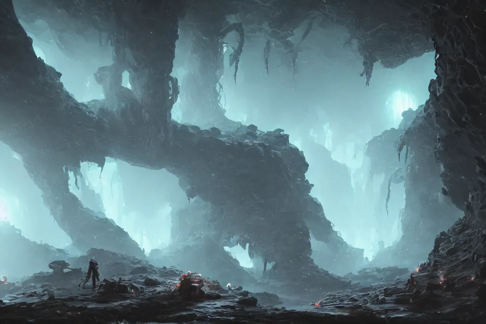Prompt: giant spider monster deep underground, glowing rocks in an ominous cave, eldritch horror, character art by Greg Rutkowski, 4k digital render