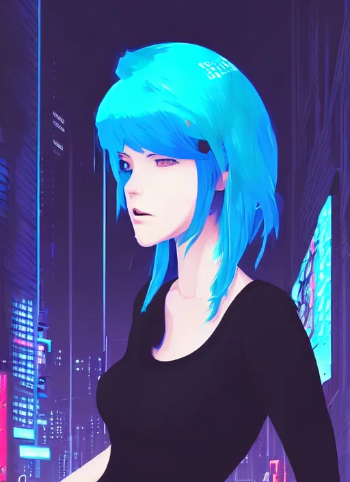 Image similar to digital illustrationportrait of cyberpunk pretty girl with blue hair, wearing a tight black dress, in city street at night, by makoto shinkai, ilya kuvshinov, lois van baarle, rossdraws, basquiat