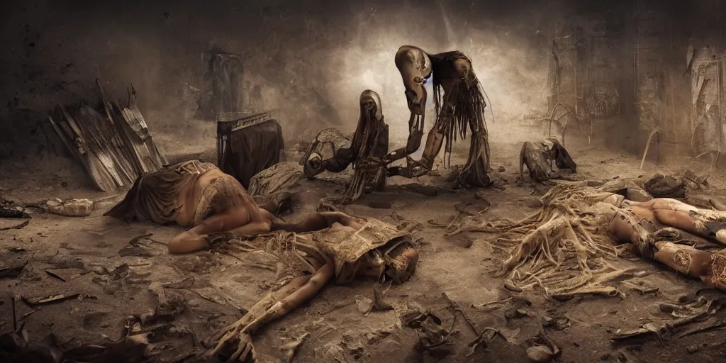 Prompt: a spooky scene, egyptian mummy, beats, dystopian, reaper, post - apocalyptic, dystopian futures, last year again