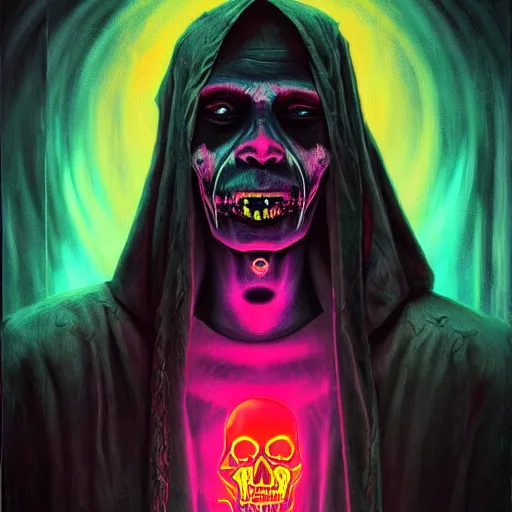 Image similar to a death tarot featuring a haitian voodoo priest with menacing eyes, blacklight neon colors, by anton semenov and android jones in cyberpunk voodoo style, oil on canvas, 8k