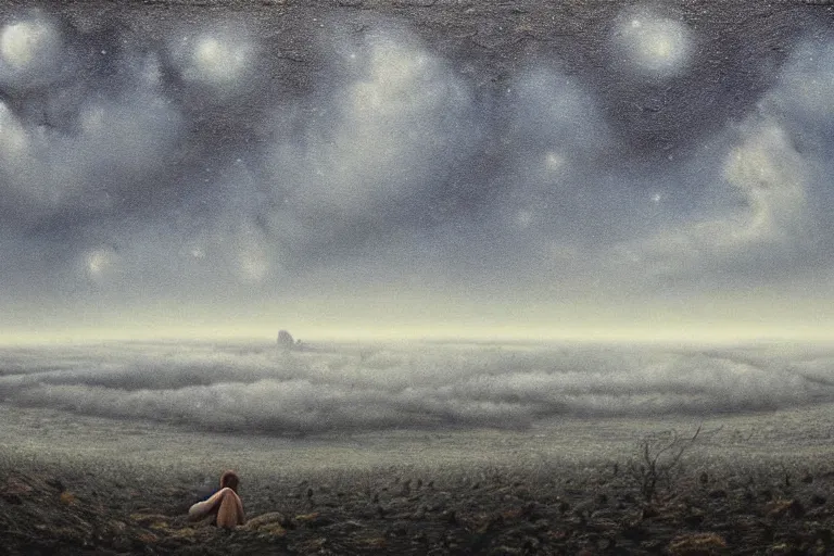 Prompt: Haunting horrifying hyperrealistic detailed painting of an ultrawide landscape showing a tall pale man sitting atop a mountain of humans in a foggy hellscape with spread out lakes of cerulean blue gelatinous liquid reflective and goop, eyeballs bulging, stars in the sky, a galaxy in the sky, dystopian feel, heavy metal, disgusting, creepy, unsettling, in the style of Michael Whelan and Zdzisław Beksiński, lovecraftian, hyper detailed, trending on Artstation