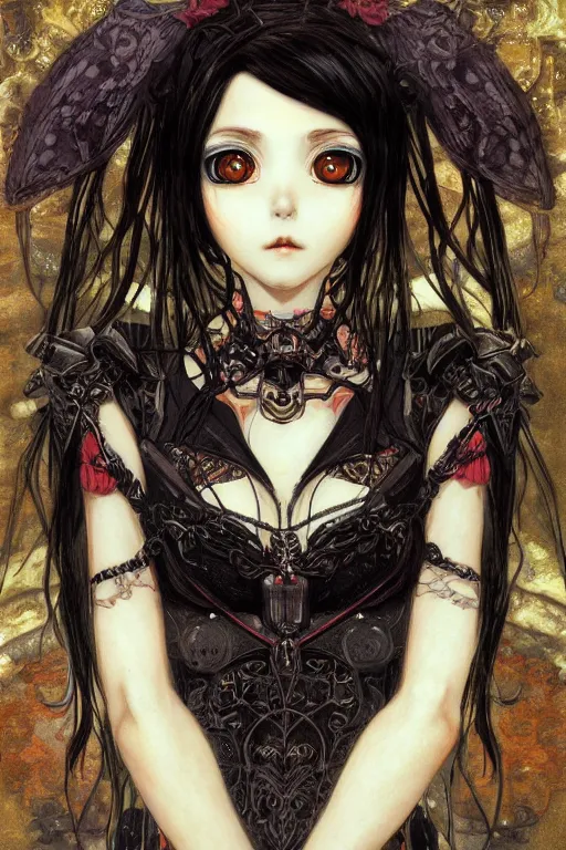 Image similar to portrait of beautiful young gothic anime maiden, cute. Anime, cyberpunk, Warhammer, highly detailed, artstation, illustration, art by Gustav Klimt