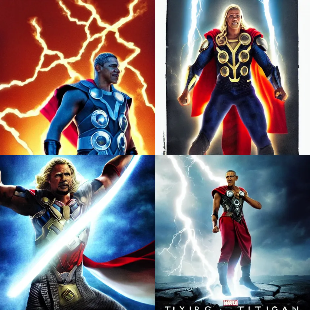 Prompt: Barack Obama as Marvel's Thor, epic portrait, hyperrealistic, dynamic lighting, cinematic