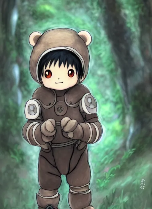 Image similar to beautiful little boy wearing an cyborg bear suit, artwork in kentaro miura and made in abyss and rosdraws, smooth, beautiful lightness, anatomically correct, trending on pixiv, forest