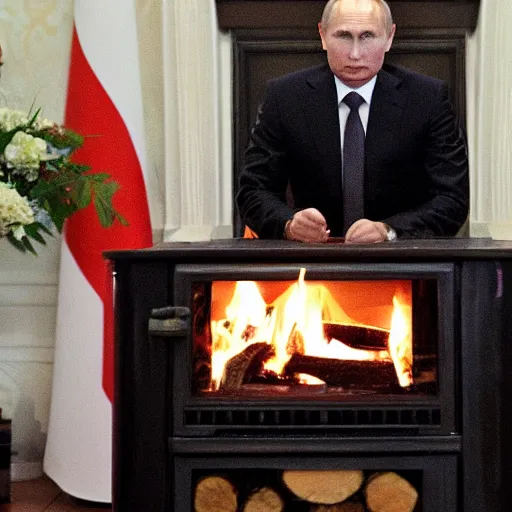 Image similar to vladimir putin in a waistcoat staring at a log fire photograph newspaper award winning