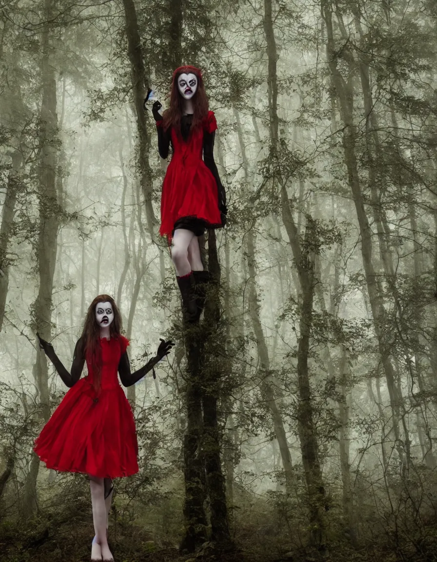 Prompt: anya taylor joy, in a foggy forest, black metal face paint, hyper-realistic, 4k, full body, sexy red dress, vogue photoshoot
