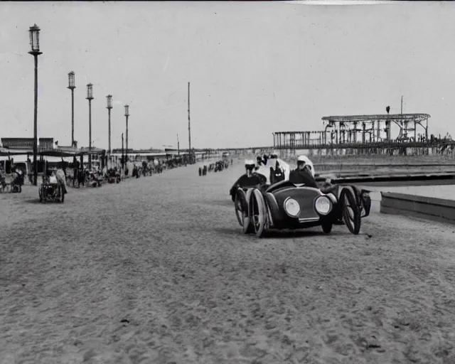 Image similar to a photo from the early 1900s of two people racing in electric cars, on a beach, with the Coney Island boardwalk in the background