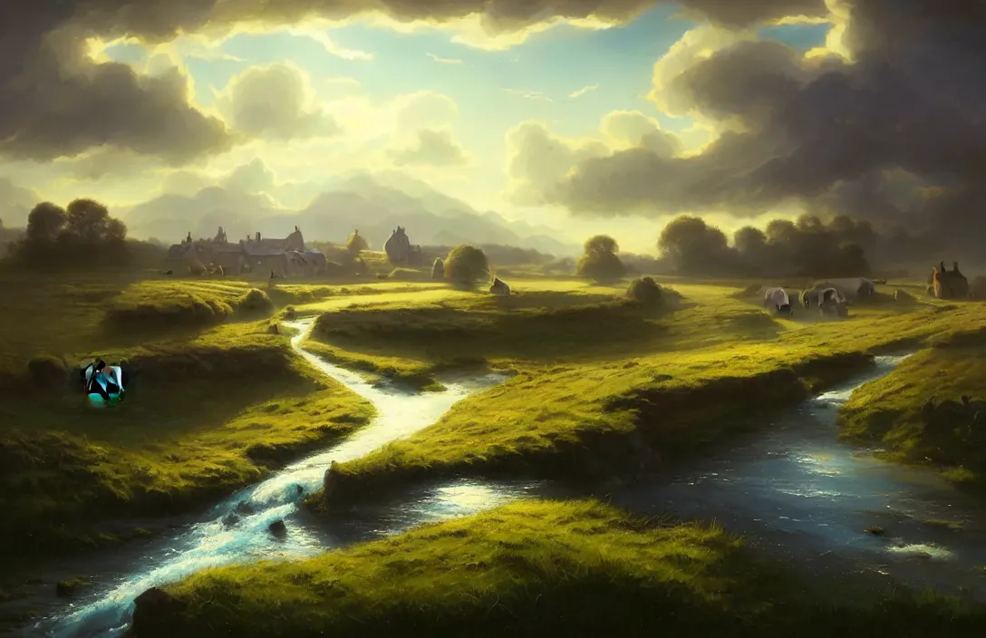 Prompt: river flowing past a country village, flat fields in the background, blue sky, fantasy, concept art, high angle, highly detailed, warm lighting, volumetric, godrays, vivid, trending on artstation, by jordan grimmer, greg rutkowski
