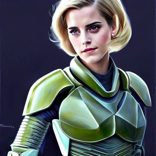 Image similar to A combination of Emma Watson's and Grace Kelly's and Ashley Greene's appearances with blonde hair wearing Master Chief's armor, high tech, action shot, angular, full body portrait, futuristic, dramatic, fantasy, intricate, elegant, highly detailed, digital painting, artstation, concept art, matte, sharp focus, illustration, art by Donato Giancola and James Gurney