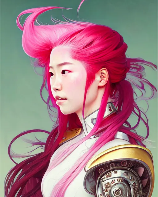 Prompt: Portrait of a japanese girl with pink hair wearing a paladin armor with a red skirt and white top, face, fantasy, intricate, elegant, highly detailed, digital painting, artstation, concept art, smooth, sharp focus, illustration, art by Fernanda Suarez and Artem Demura and alphonse mucha