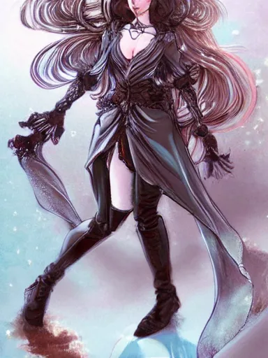 Image similar to a smiling woman, long hair, baroque style, elegant, beautiful, mesmerizing, concept art, fancy clothing, highly detailed, artstation, behance, deviantart, inspired by innocent manga, inspired by castlevania concept art, trending, ayami kojima, shinichi sakamoto