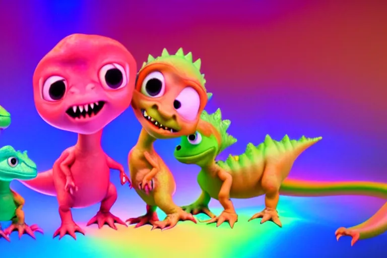 Image similar to pixar designed cute, smiling chibi style baby dinosaurs made entirely out of glowing electrified hypercolor plasma, having fun inside a psychedelic realm made entirely out of love and acceptance and hypercolors. astral beings sharing love. renderman, ray tracing, symmetrical faces, 3 d models