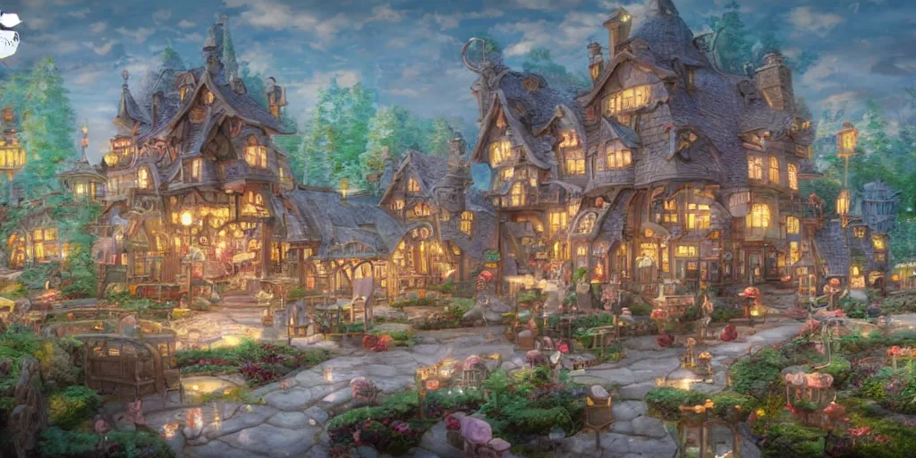 Prompt: A fairy-tale style factory made of ice cream， full of details, matte painting, concept art, smooth, by Studio Ghibli and Thomas Kinkade ，Soft light atmosphere，trending on cgsociety and Blender， unreal engine，8kHDR，light effect，rtx on，-H 960