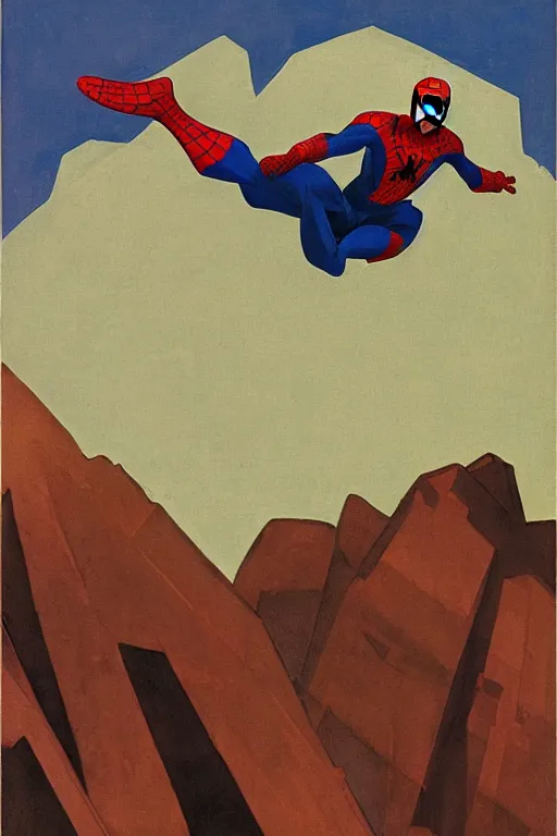 Image similar to spiderman stay on mountain, marvel, artwork by nicholas roerich,