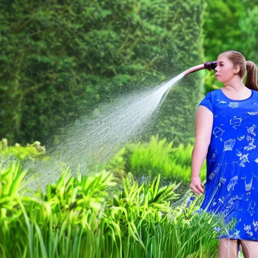 Image similar to slightly overweight woman with a ponytail wearing a blue dress with a flower pattern watering plants with a hose, photorealistic, 4k, high quality, beautiful