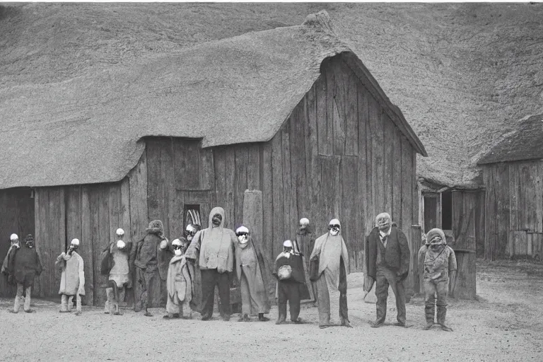 Prompt: vintage photo of villagers wearing weird masks outside a barn by hilla becher, eerie, bizarre, highly detailed shot, dramatic 8 k uhd