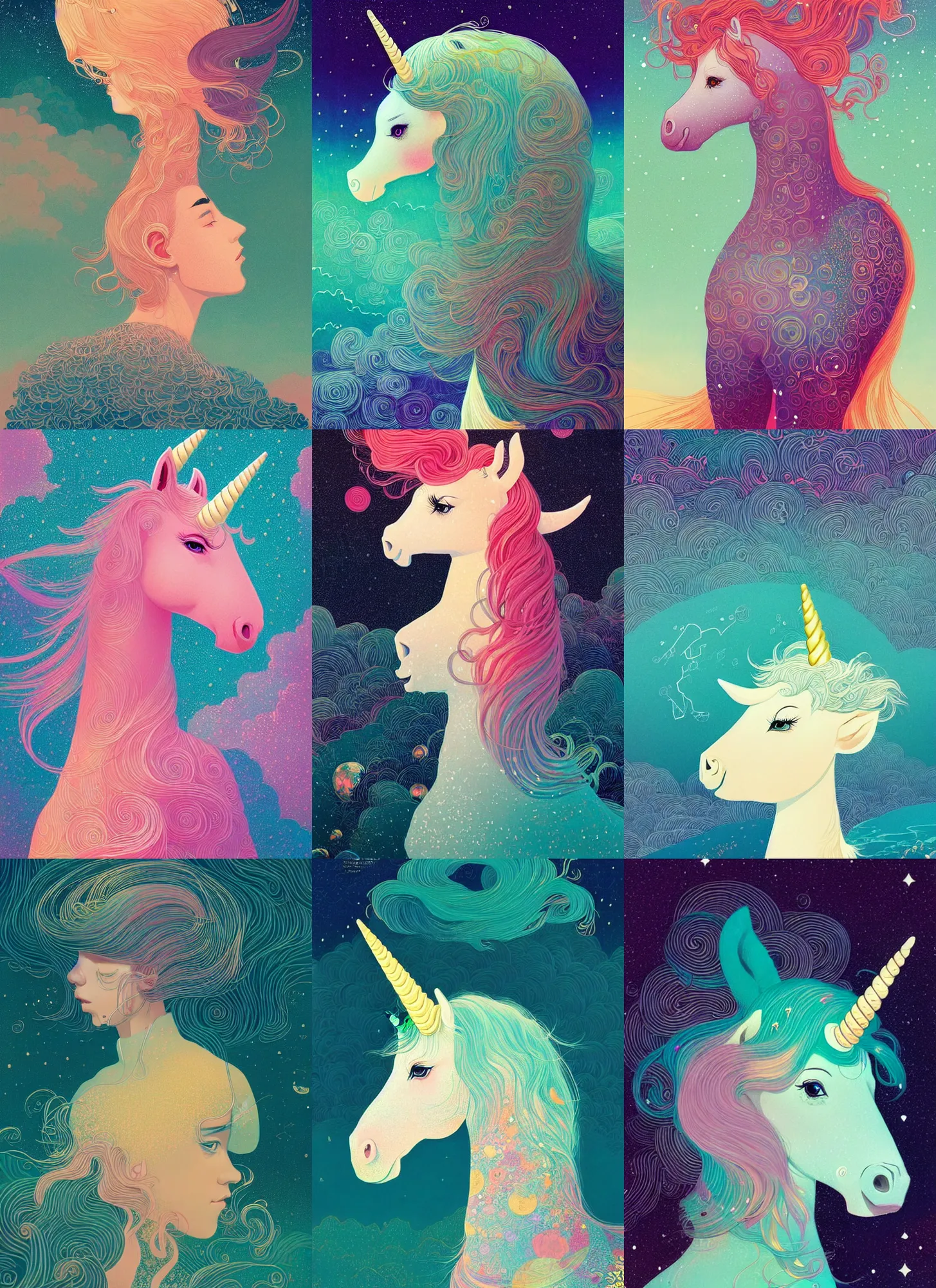 Prompt: a beautiful portrait of a 🦄 by victo ngai, modern fantasy, trending on artstation, ultra realistic digital art