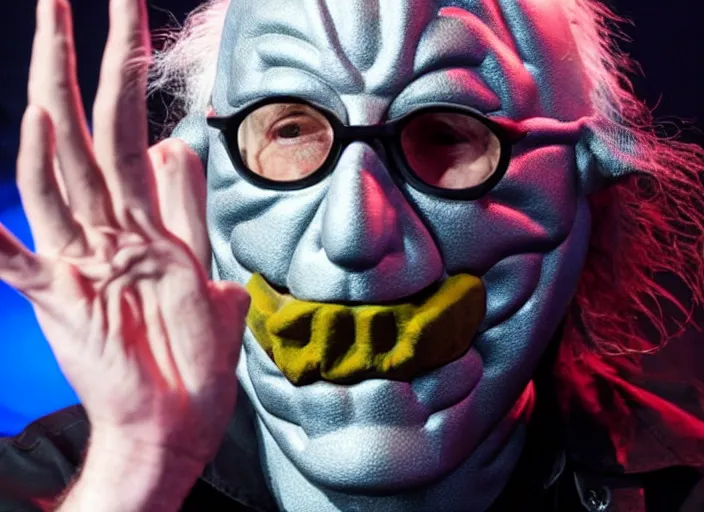 Image similar to publicity photo still of larry david wearing a slipknot mask touring with slipknot live on stage, 8 k, live concert lighting, mid shot