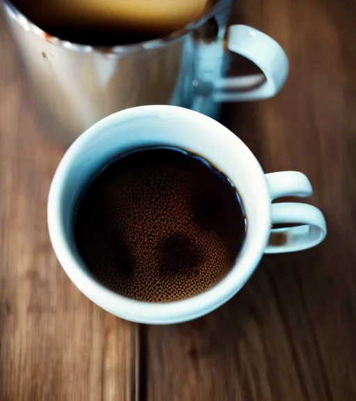 Prompt: a mug of steaming black coffee with a small amount of whipped cream on top, food photography, bokeh!, warm colors