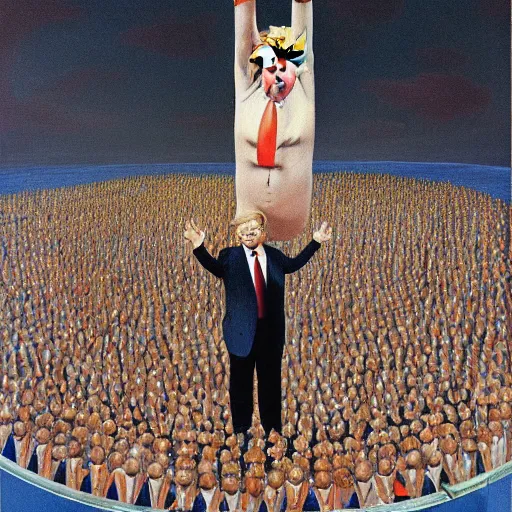 Image similar to enoumous crowd of millions of people, everyone is laughing and pointing at donald trump on a podium. he is not wearing pants and his legs are visible. painting by salvador dali.