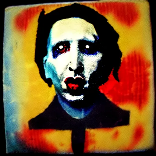 Image similar to painting on a badge!!!!, photo of a marilyn manson, punks not dead!!!!, exploited!!, clash, junk yard, rats!!, god save the queen!!!, punk rock album cover art style, grunge, no future!!!!, glitch effect