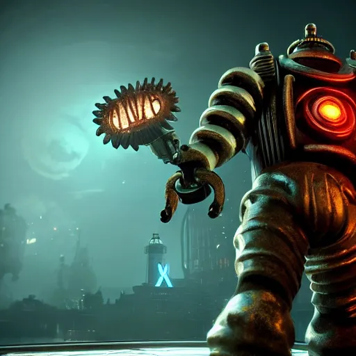 Image similar to isaac clarke as a bioshock big daddy, unreal engine 5, bioshock deadspace, high detail 3 d render,