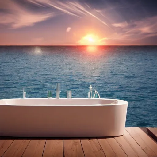 Image similar to a public bathroom floating in the middle of the ocean, sunset, beautiful, ultra realistic digital art, 4k, cgsociety, HDR, Intricate