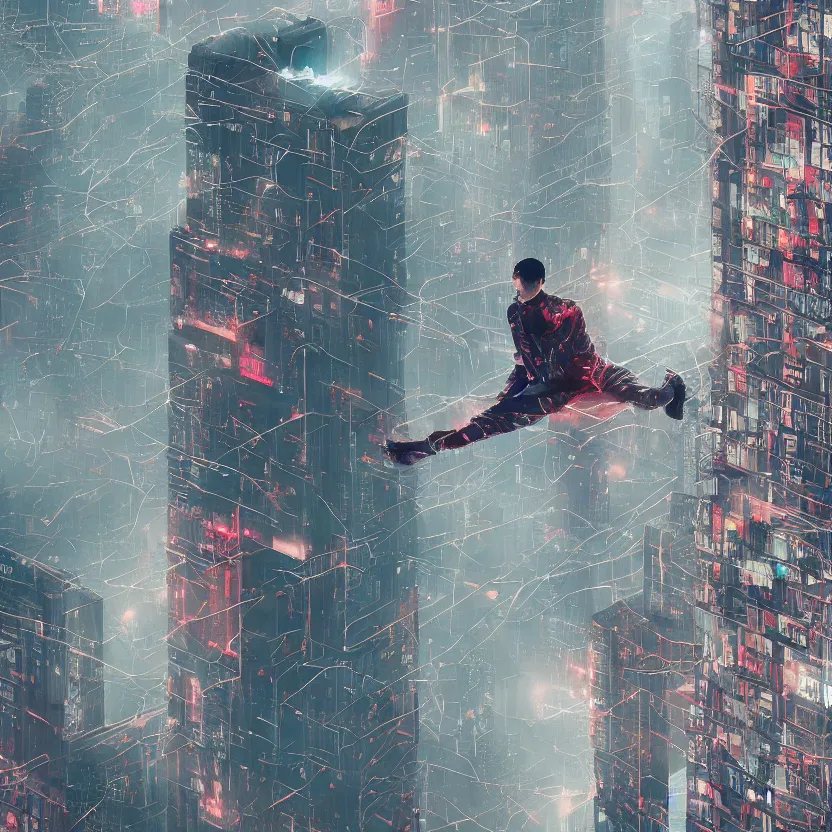 Image similar to a cyber boy ontop of a building, cyberpunk art by elsa bleda, by elsa bleda unsplash contest winner, aestheticism, dystopian art