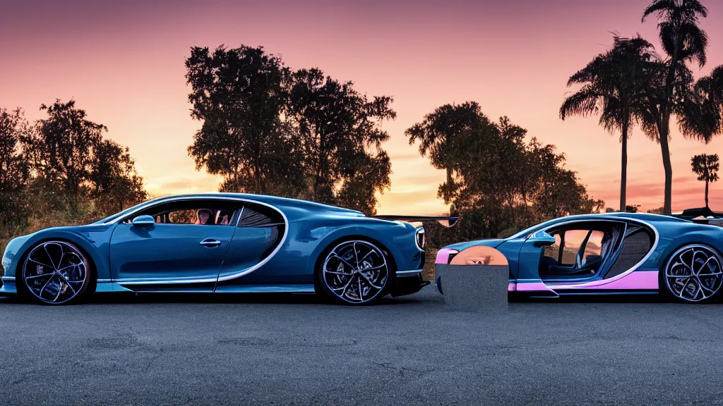 Image similar to synthwave bugatti chiron at sunset, 8 k. filling of the view