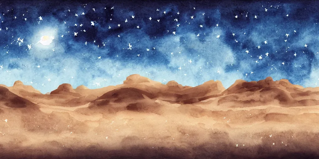 Image similar to desert with sky with stars in watercolor, cinematic, highly detailed wide, atmospheric lighting