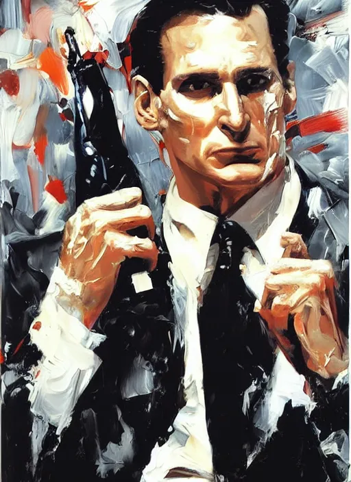 Prompt: patrick bateman, painting by phil hale, fransico goya,'action lines '!!!, graphic style, visible brushstrokes, motion blur, blurry, visible paint texture, crisp hd image
