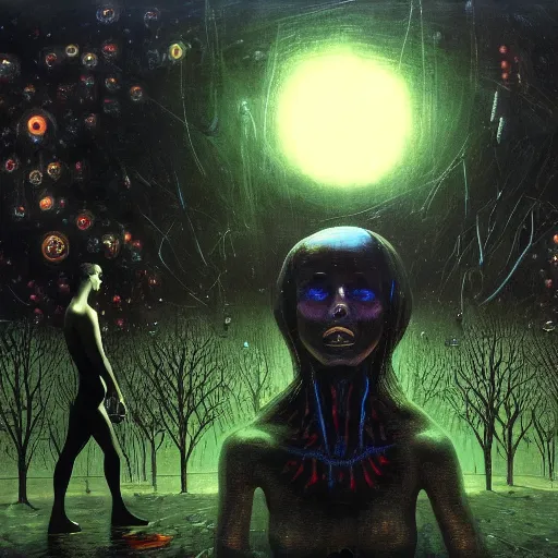 Image similar to one dark figure taming a supercomputer made of nervous system, channeling third eye energy, surrounded by a background of dark cyber mystic garden of earthly delights, midnight hour, muted cold colors, painted part by wojciech siudmak, part by ilya repin, part by norman rockwell, part by hype williams, artstation