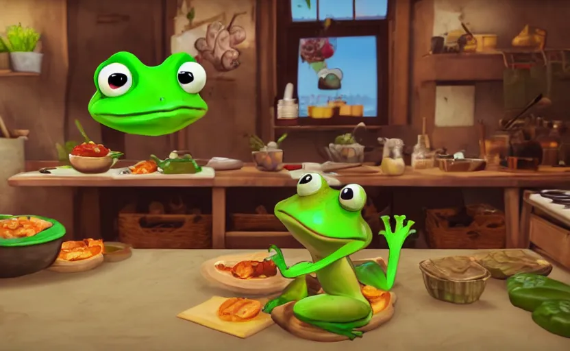 Image similar to ps 5 game about a cute frog chef in italy, unity screenshot,