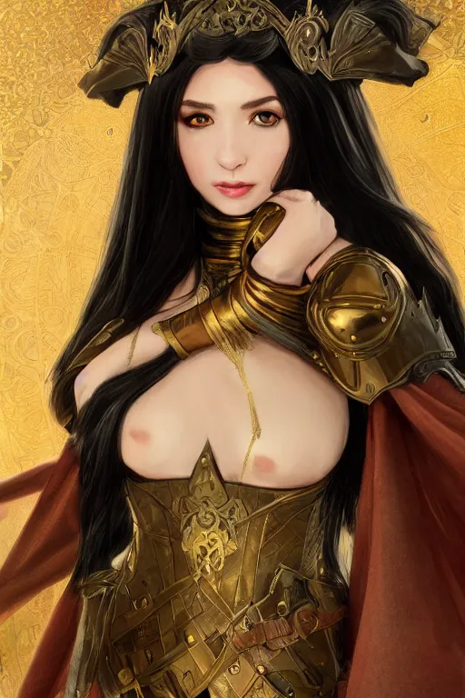 Image similar to eloquent young elf queen with long black hair, full body portrait, gorgeous, seductive, realistic, leather armor and cloak, leather gloves, digital art, path traced, highly detailed, high quality, lively, sakimi chan, alphonse mucha, leesha hannigan