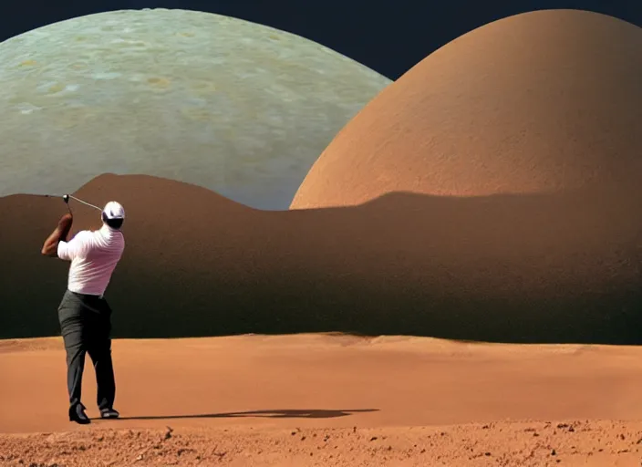 Image similar to portrait of tiger woods playing golf on the planet mars with olympus mons in the background