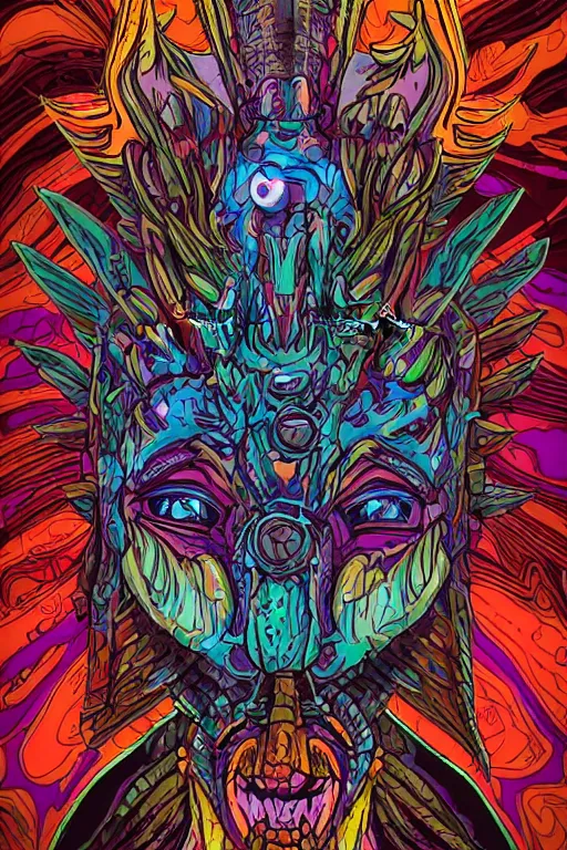 Image similar to totem animal mask tribal feather gemstone plant wood rock shaman vodoo video game vector illustration vivid multicolor borderlands comics by josan gonzales and dan mumford radiating a glowing aura