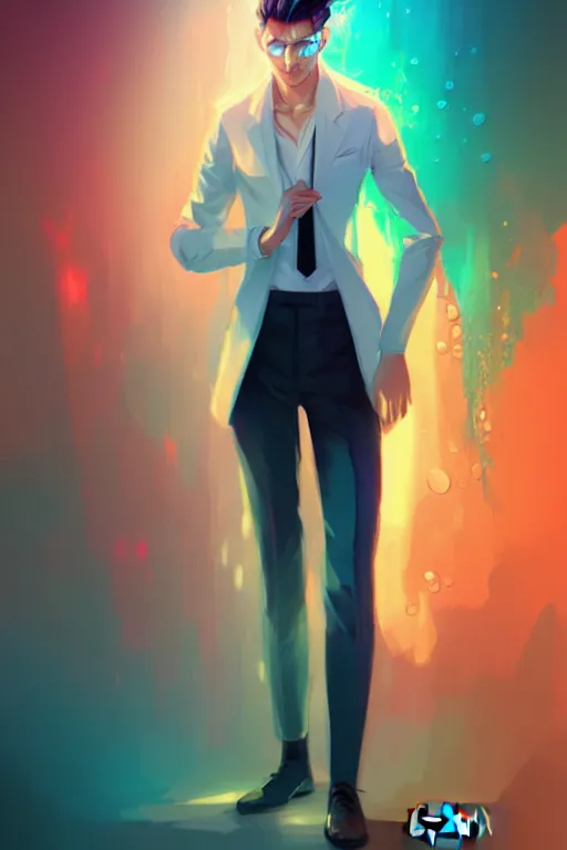 Prompt: character design, a slender, fair - skinned, elegantly dressed man with watery eyes, blurred environment background, colorful magic effects, white skin, portrait, male, clothed, sharp focus, digital art, concept art, trending on artstation, dynamic lighting, by emylie boivin and rossdraws