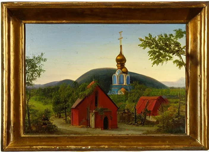 Image similar to the small wooden villages of siberia with an orthodox church, russia in the style of hudson river school of art, oil on canvas