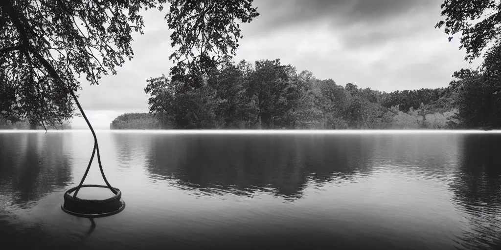 Image similar to symmetrical photograph of an infinitely long rope submerged on the surface of the water, the rope is snaking from the foreground towards the center of the lake, a dark lake on a cloudy day, trees in the background, moody scene, dreamy anamorphic lens