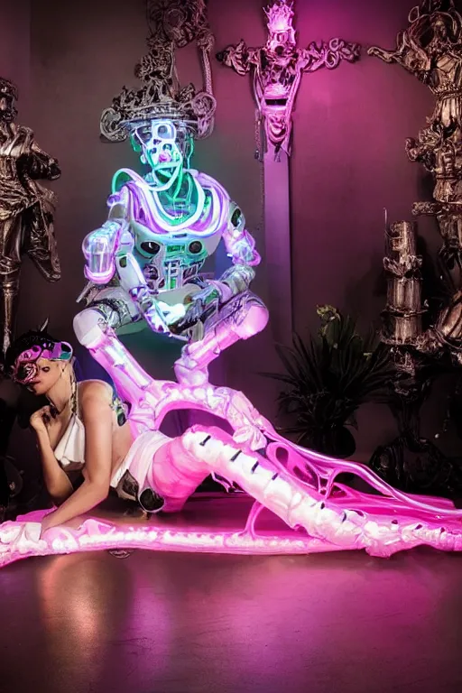 Image similar to full-body rococo and cyberpunk style neon statue of a young attractive Cristiano Ronaldo macho dotado e rico android sim roupa reclining con las piernas abertas e la piroca dura, glowing white laser eyes, prince crown of pink gears, diamonds, swirling silver-colored silk fabric. futuristic elements. full-length view. space robots. human skulls. intricate artwork by caravaggio. Trending on artstation, octane render, cinematic lighting from the right, hyper realism, octane render, 8k, depth of field, 3D