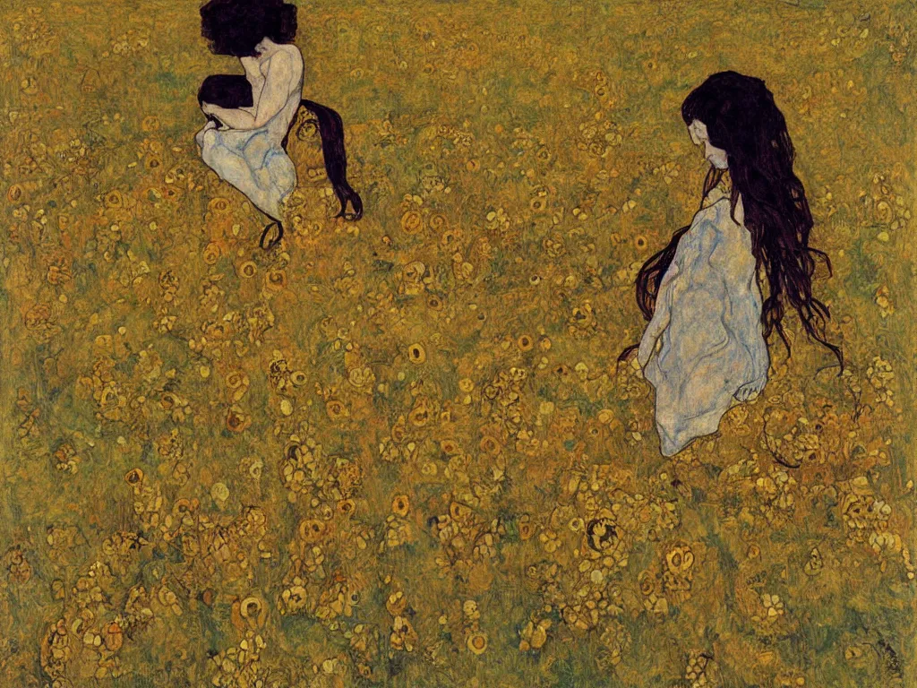 Prompt: woman on the grass with dried sunflower. painting by egon schiele, moebius