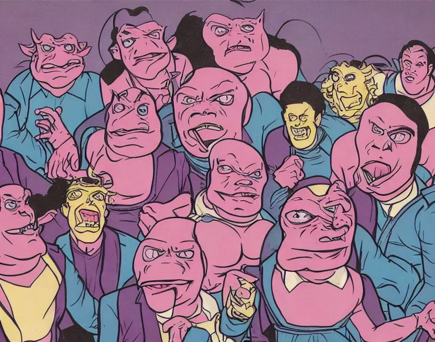 Image similar to krang 1980s pop band, surrealism aesthetic, detailed facial expressions