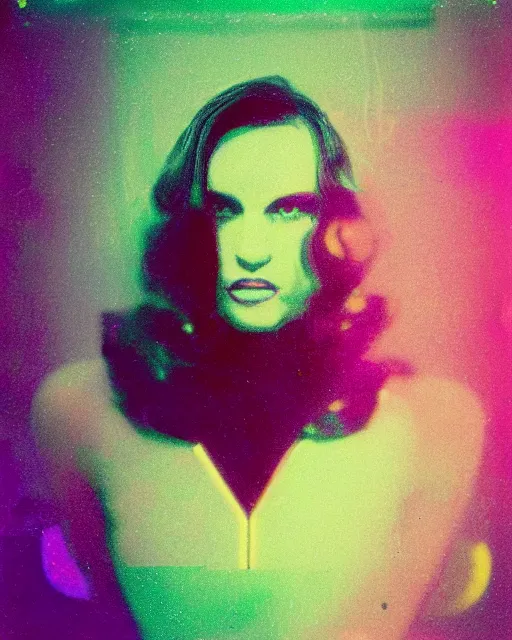 Prompt: chrome woman's face, violet and yellow and green lighting, polaroid photo, atmospheric, whimsical and psychedelic, grainy, expired film, super glitched, corrupted