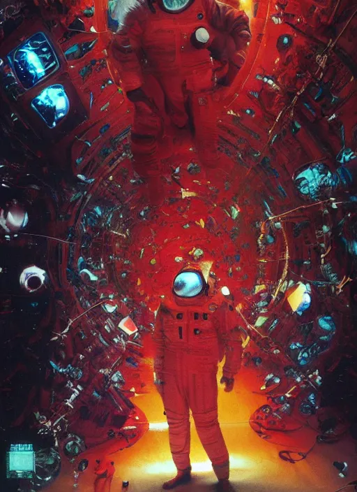 Image similar to astronauts in the dark infinite underwater void - complex and hyperdetailed technical suit, fabric material. reflection and dispersion materials. rays and dispersion of light. volumetric light. wide angle, f / 3 2. noise film photo. flash photography. ultra realistic, wide angle. poster by wayne barlowe, hajime sorayama aaron horkey, craig mullins