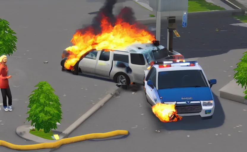 Image similar to a shiba inu watches a police car burn in the sims