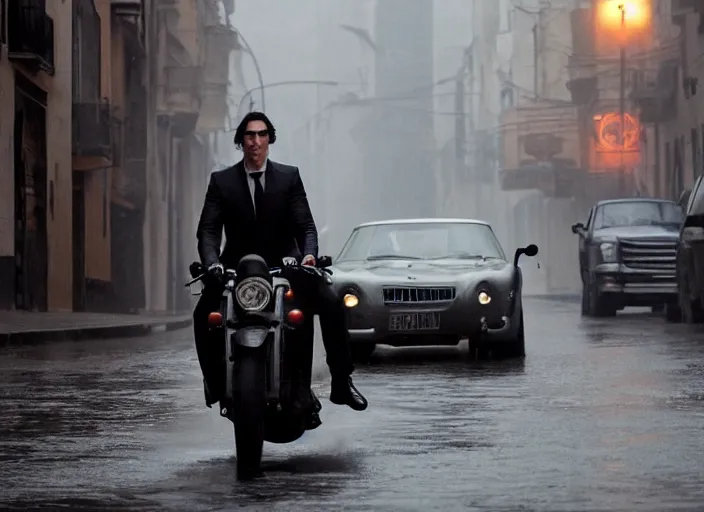 Image similar to first official image from bond 2 6, starring adam driver as agent 0 0 7, riding a shark through the streets of valparaiso, chile in heavy rain. directed by alejandro inarritu. stunning cinematography, kodak vision 2 0 0 t, high contrast, anamorphic lens, chromatic aberration.