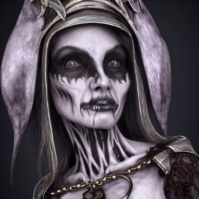 Prompt: perfectly centered close up portrait, skelton mage goddess, candid photography, by anne stokes, highly detailed, character concept, unreal engine 5