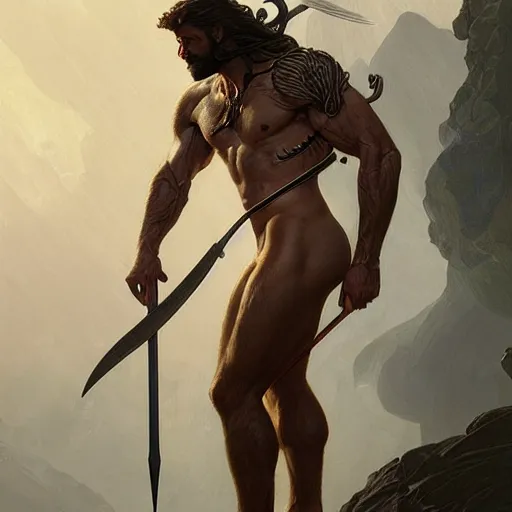 Image similar to portrait of a gruff ranger carrying the holy lance of longinus, Cain, muscular, hairy body, intricate, elegant, highly detailed, digital painting, artstation, concept art, matte, sharp focus, illustration, art by Artgerm and Greg Rutkowski and Alphonse Mucha